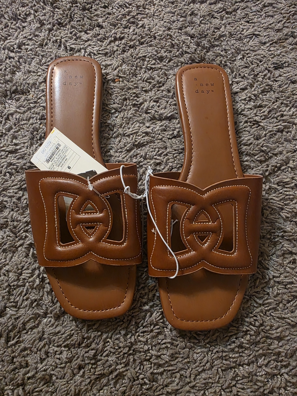 a new day Brown Leather Slide Sandals with Decorative Cutout
